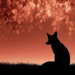 Naklejka premium A fox is sitting still, outlined in darkness, while glowing leaves hang above in a shifting russet background at dusk.