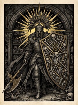 Gothic knight illustration with skull shield and halberd. Dark fantasy warrior in plate armor. Macabre undead guardian in a bone crypt.