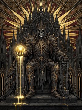 Gothic skeleton king on dark throne, undead monarch in ornate armor holding glowing orb, fantasy lich ruler in macabre cathedral