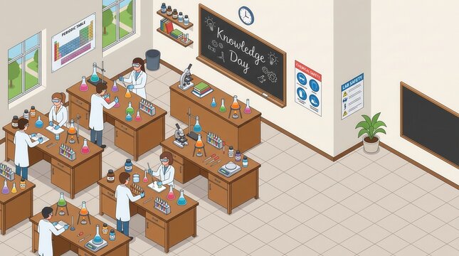 Students in lab coats conducting experiments during Knowledge Day. Isometric classroom view with scientific equipment and chalkboard.