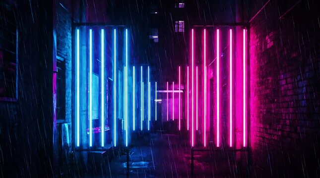 Neon light tubes in blue and pink glowing in a dark industrial room background