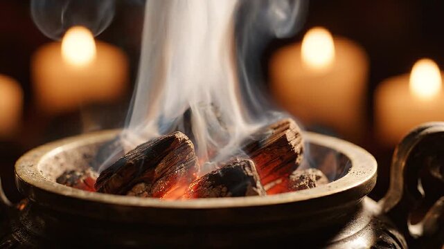 Burning agarwood chips on charcoal with aromatic smoke and candlelight ambiance
