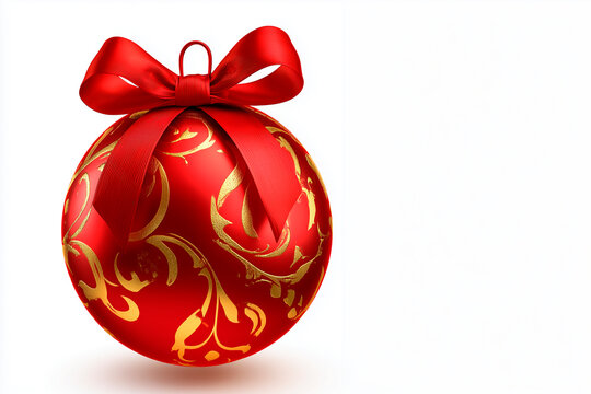 art Red Christmas ball with a beautiful bow and a golden pattern. christmas design element isolated on white background. white background