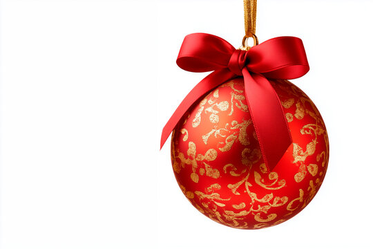 art Red Christmas ball with a beautiful bow and a golden pattern. christmas design element isolated on white background. white background