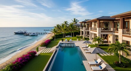 Fototapeta premium Luxury hotel resort with swimming pool by the tropical beach ocean
