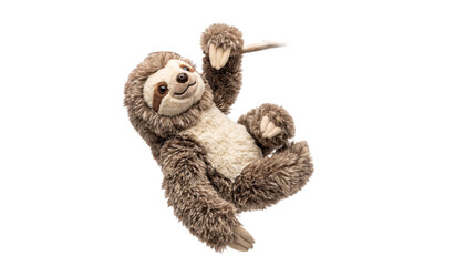 Naklejka premium Cute plush sloth toy hanging from a branch with a happy expression PNG Isolated on transparent background