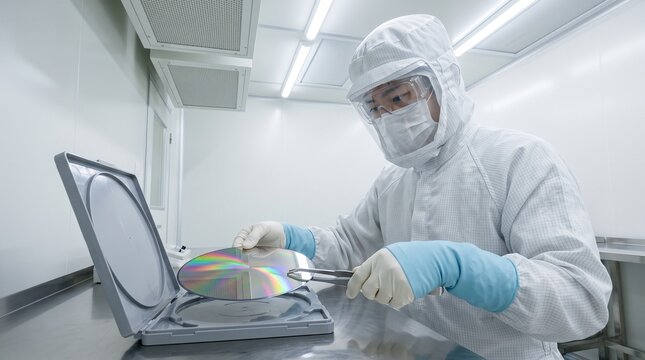真空ピンセットでシリコンウェハーを扱う半導体クリーンルームの作業員