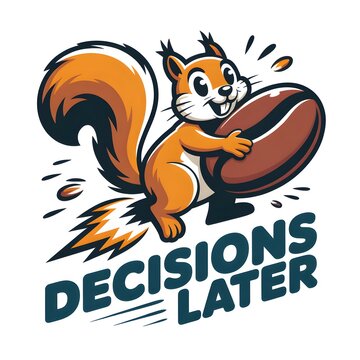 Cute squirrel holding a coffee bean with text saying decisions later in cartoon style isolated on transparent background