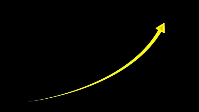 Animated yellow growth arrow rising upward, financial success and marketing concept on transparent background