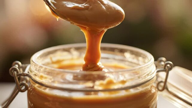 Thick creamy almond butter dripping slowly from a metal spoon into a glass jar