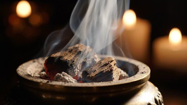 Smoldering agarwood chips on glowing charcoal with aromatic smoke and candles