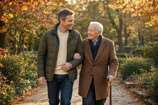Middle-aged son supporting his elderly father while walking together on an autumn garden path, compassionate family caregiving.
