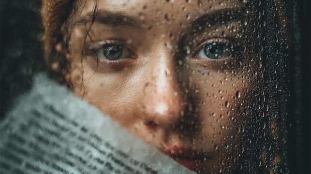Woman face rain window closeup