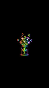 4k black wallpaper with rainbow neon flowers and butterflies around a jar