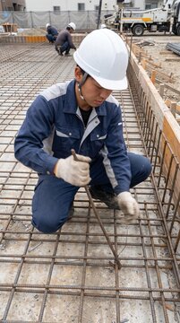 建設現場にて、鉄筋の格子状の組み枠の上でしゃがみ込み、結束用フックを使って鉄筋を針金で縛る日本人建設作業員