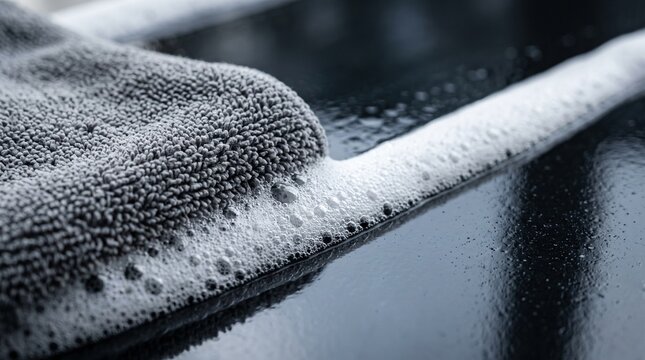 Grey microfiber cloth wiping white cleaning foam across a shiny dark surface, household hygiene, domestic cleaning routine.
