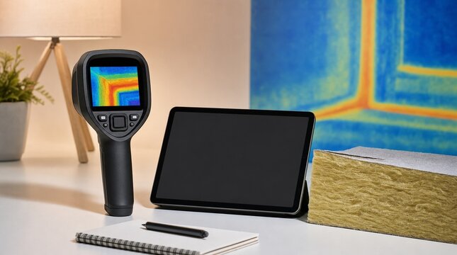 Thermal imaging camera and blank digital tablet on a desk with insulation material for home energy efficiency inspection