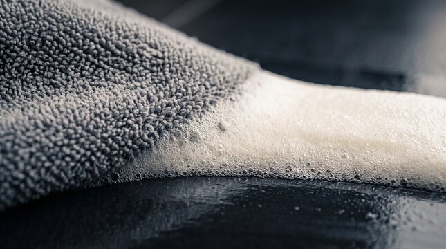 Macro view of a grey microfiber towel wiping white soapy foam from a dark reflective surface, detailing process, pristine cleanliness.