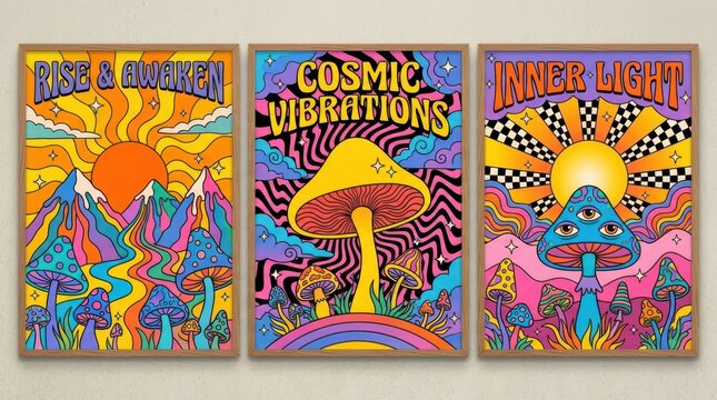 Trippy Psychedelic Art Posters Set Featuring Mushrooms and Cosmic Themes in Vibrant Retro 1970s Style
