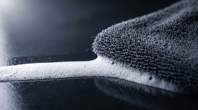 Close up of a grey microfiber cloth and white cleaning foam on a dark reflective surface. Domestic hygiene, cleaning routine, spotless shine.