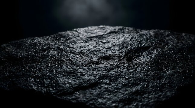 Rough dark natural stone surface featuring glistening water droplets captured with dramatic moody lighting and sharp focus cinematic high contrast