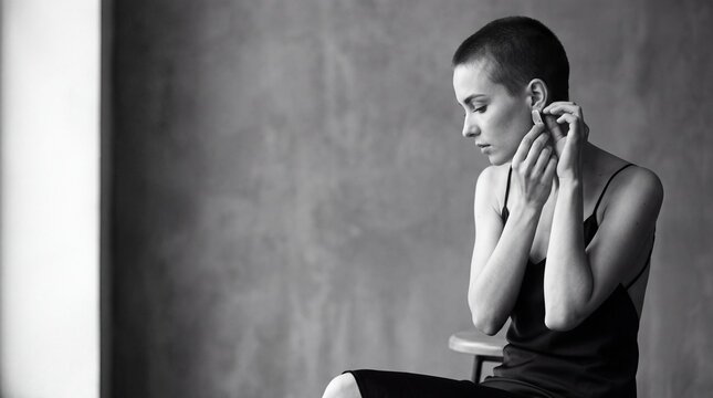 Poised Reflection: A woman with a shaved head, dressed in a simple camisole, delicately adjusts her earring, her gaze cast downwards in a moment of quiet introspection.
