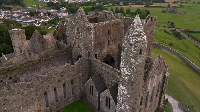 Rock of Cashel, Aerial view at SUnset. Also known as Cashel of the Kings. Located at Cashel, County Tipperary, Ireland.