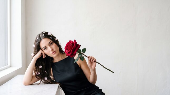 Elegant Bloom: A pensive woman in a black dress holds a vibrant red rose, adorned with delicate white blossoms, her gaze directed outwards with a touch of melancholy.