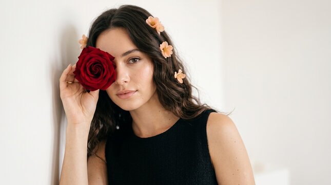 Serene Bloom: A young woman with a deep red rose obscuring one eye and delicate blossoms adorning her hair leans against a neutral wall, embodying natural beauty and peaceful contemplation.