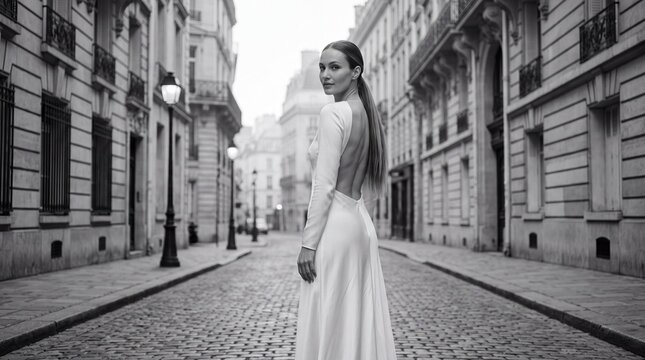 Parisian Elegance: A woman in a flowing white gown stands on a cobblestone street in Paris, with historic buildings lining the path.
