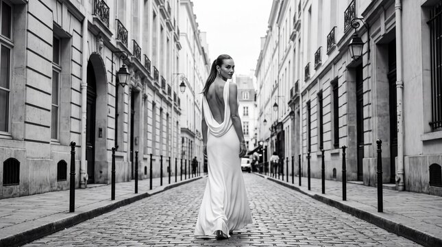 Elegance in Paris Streets: A stunning woman in a flowing white gown walks down a cobblestone street lined with classic Parisian architecture, her back turned to the camera.