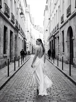 Parisian Elegance: A striking woman in a flowing white gown walks down a cobblestone Parisian street, her back to the camera, exuding sophistication and timeless allure.