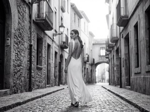 Elegant Woman in European Alley: A sophisticated woman in a flowing white gown poses gracefully in a charming European street, her silhouette framed by ancient architecture and cobblestone path.