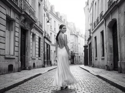 Elegant Woman in Parisian Street: A woman in a flowing white dress walks down a cobblestone street lined with classic European architecture.