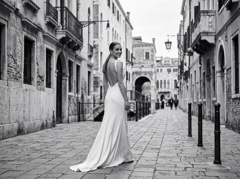 Venetian Elegance: A woman in a flowing white gown walks down a cobblestone street in Venice, with historic buildings and canals as a backdrop.