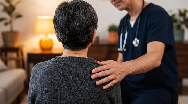 Male doctor comforting senior woman at home clinic showing empathy and compassion for healthcare website banner.