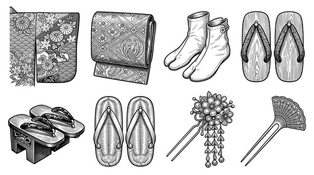 Traditional Japanese Clothing and Accessories Illustration Set, Engraving Style with Kimono, Geta, Zori, and Kanzashi isolated
