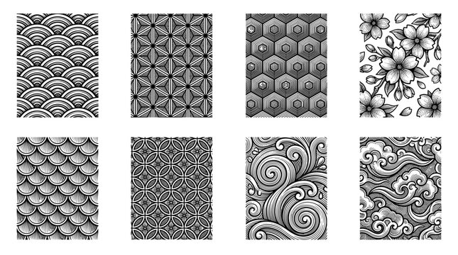 Traditional Japanese Pattern Collection, Black and White Engraving Style Ornaments, Vector Geometric Motifs Set