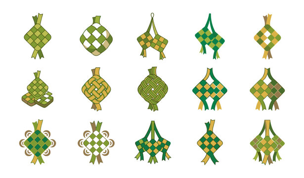  Traditional ketupat vector illustration set featuring woven palm leaf rice dumplings and decorative patterns for Islamic Hari Raya Eid Mubarak celebrations