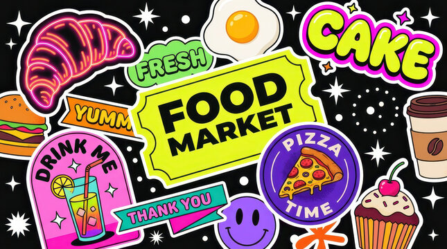 Vibrant Food Sticker Collection with Burger Pizza Coffee and Cake Icons on Black Background for Creative Design Projects
