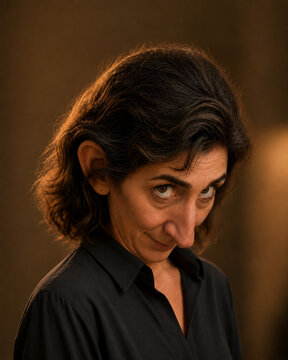 Woman tilting her head down while looking upward with sly smile