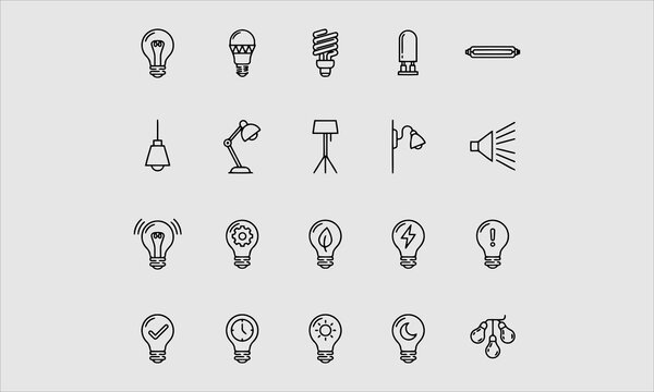 Light bulbs flat line icons. Led lamps types, fluorescent, filament, halogen, diode, energy saving illumination.