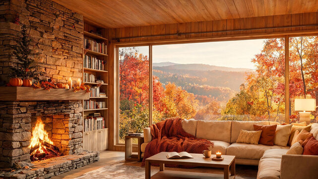 Cozy cabin living room with roaring fireplace and stunning autumn mountain view, fall backdrop, virtual meeting background, ms teams background, zoom meeting backdrop, digital meeting background
