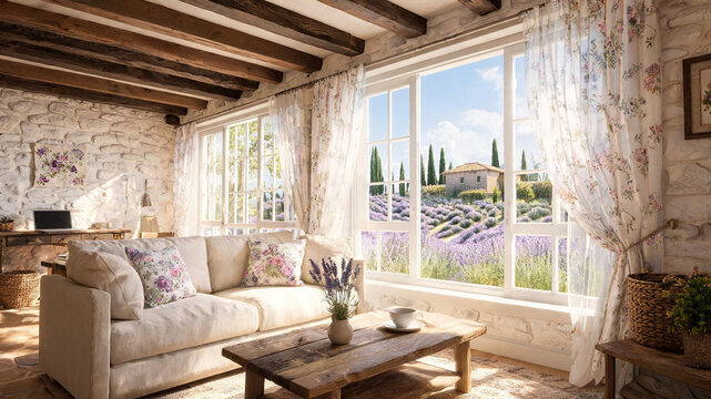 Cozy Provence cottage interior with lavender field view from window,backdrop, virtual meeting background, ms teams background, zoom meeting backdrop, digital meeting background