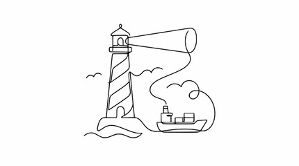 Obraz premium Minimalist Lighthouse Guiding Ship at Sea, Continuous Line Art