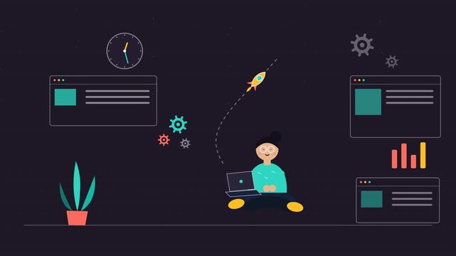 Flat animation of person working on laptop with rocket launch for startup growth business success and time management