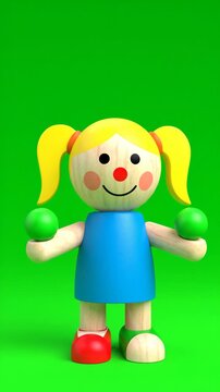 A colorful wooden girl doll toy stands against a solid green background for childhood play and education.