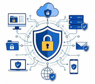Digital security shield with connected devices and data protection illustration
