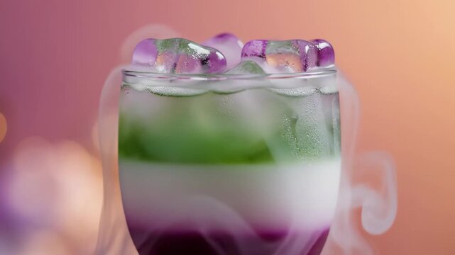 A colorful layered cocktail with dry ice smoke effect for a creative molecular mixology presentation.