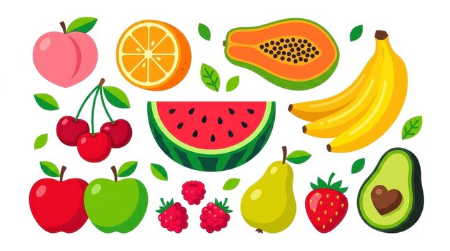 Colorful Vector Fruit Collection Featuring Apple, Banana, Watermelon, and More Healthy Organic Food Illustrations